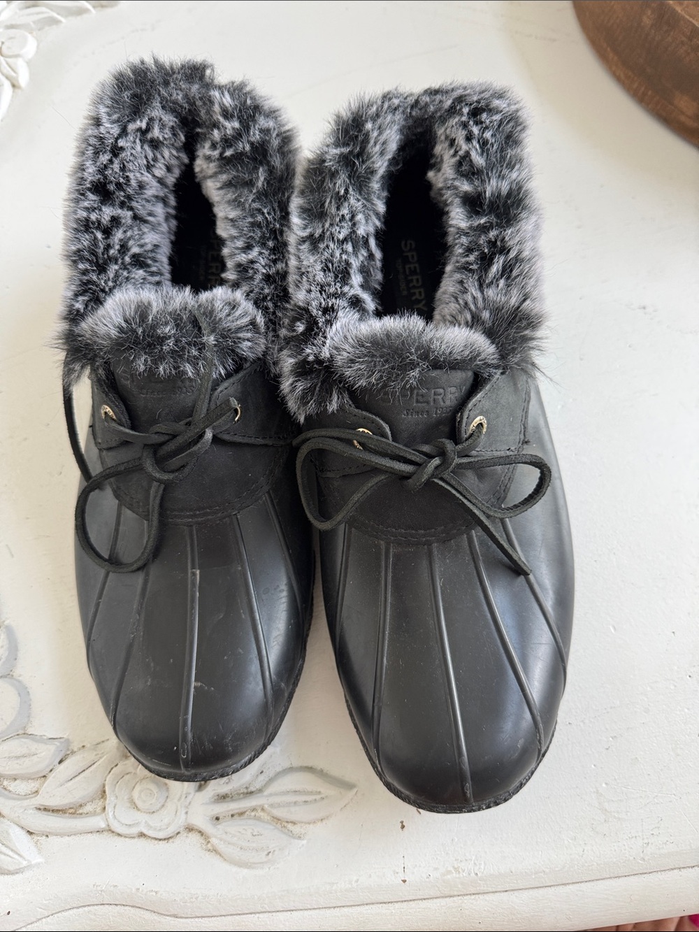 Sperry Black Faux-Fur Trim Waterproof Winter Duck Boots